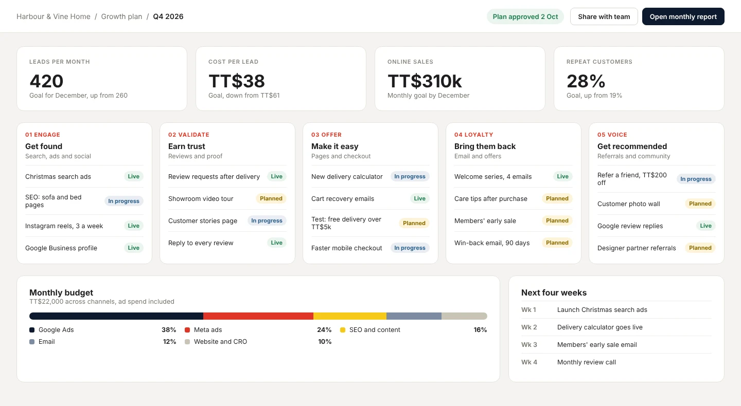 Growth plan dashboard with goals, EVOLV stages and a monthly budget