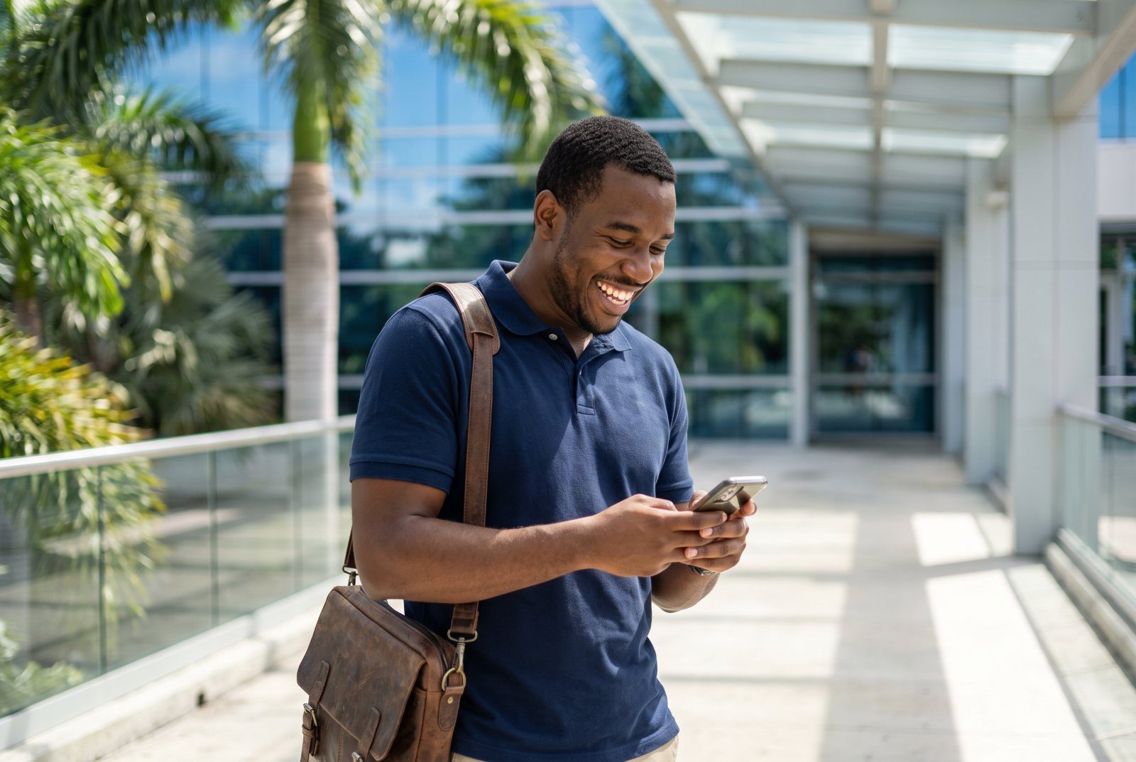 Young man smiling at his phone outside a modern office building