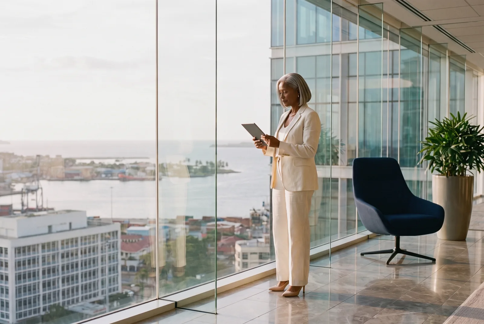 Executive reviewing revenue on a tablet in a Port of Spain office