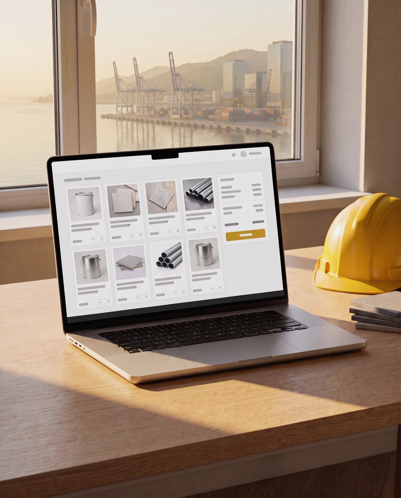 Trade ordering portal on a laptop beside a hard hat, with the port of Port of Spain outside