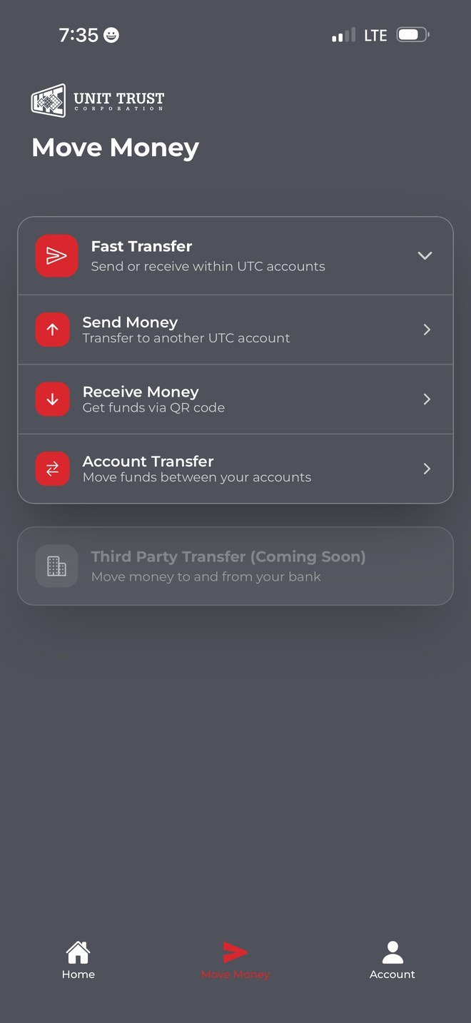 Move Money menu with Fast Transfer, Send Money, Receive Money and Account Transfer
