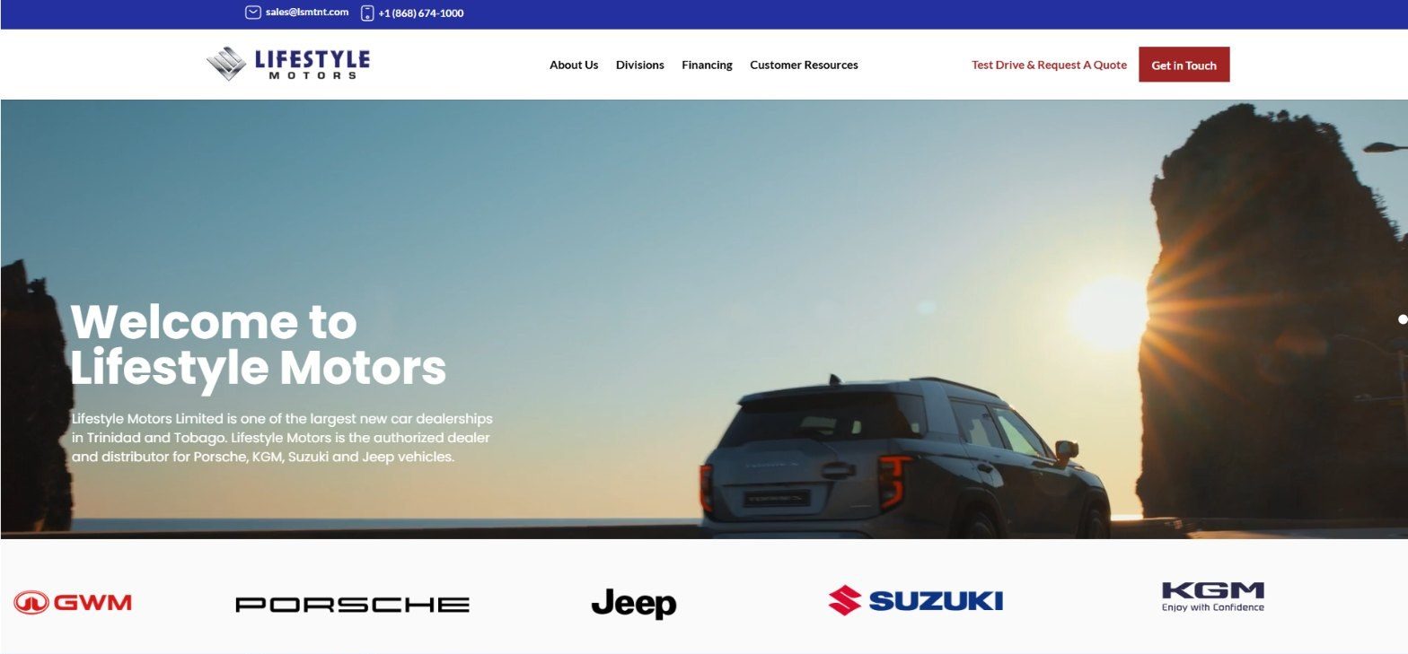 Lifestyle Motors homepage hero with a KGM Torres at sunset and brand logos below
