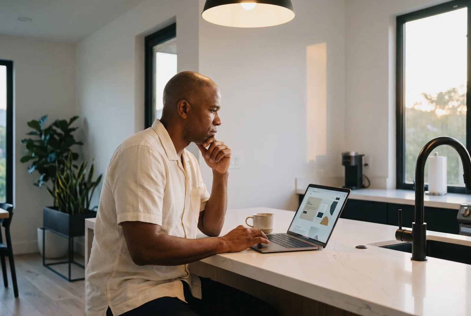 Business owner working on his own website at a kitchen island