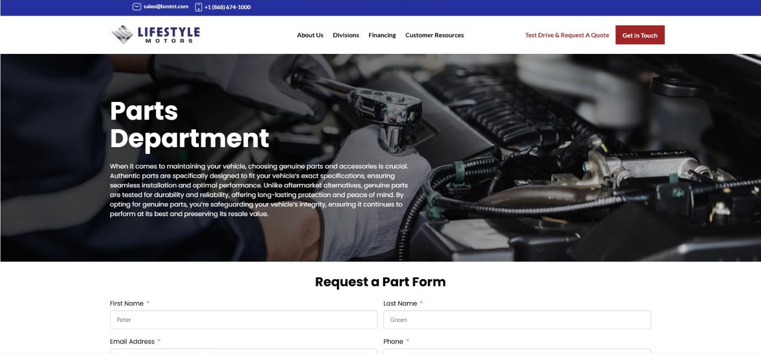 Parts department page with a request a part form