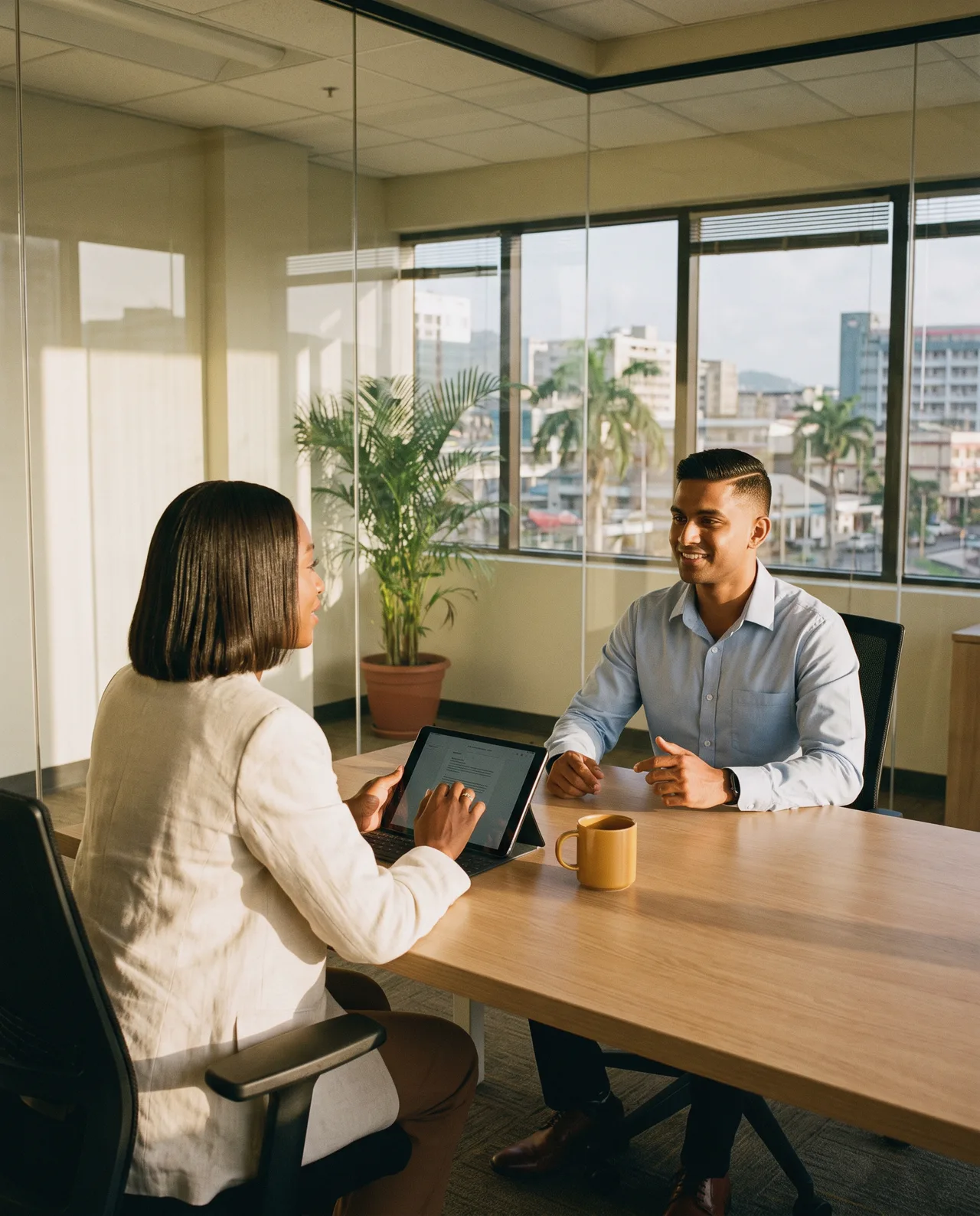 Recruiter interviewing a candidate in a glass meeting room