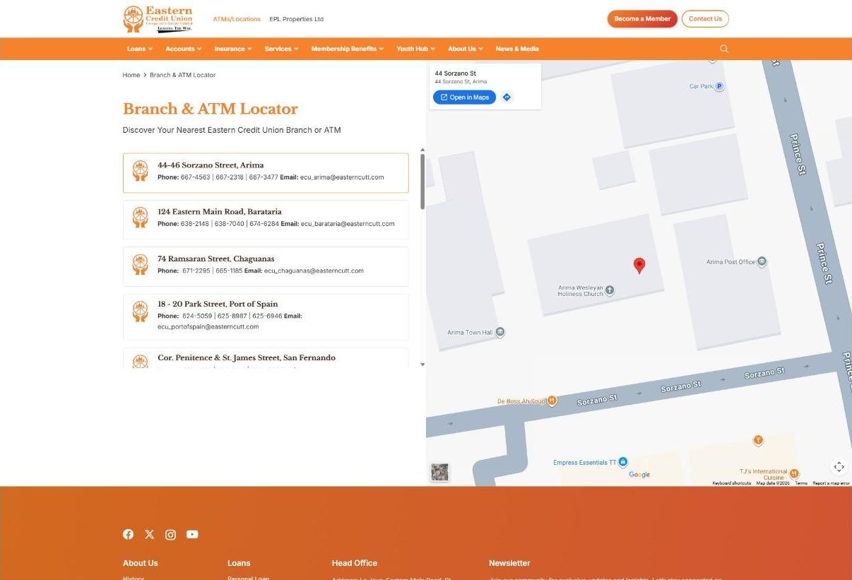 Eastern Credit Union branch and ATM finder showing locations for members