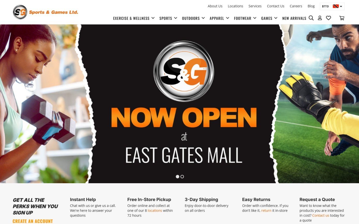 Sports and Games homepage with a Now Open at East Gates Mall banner and the store perks bar