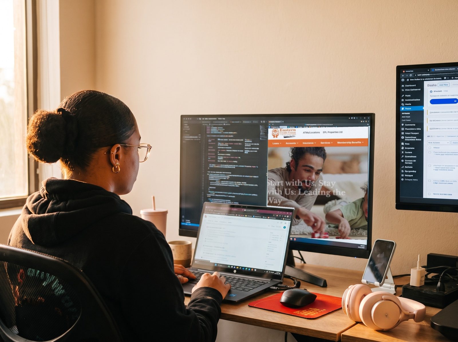Quoviz developer building a website across two monitors