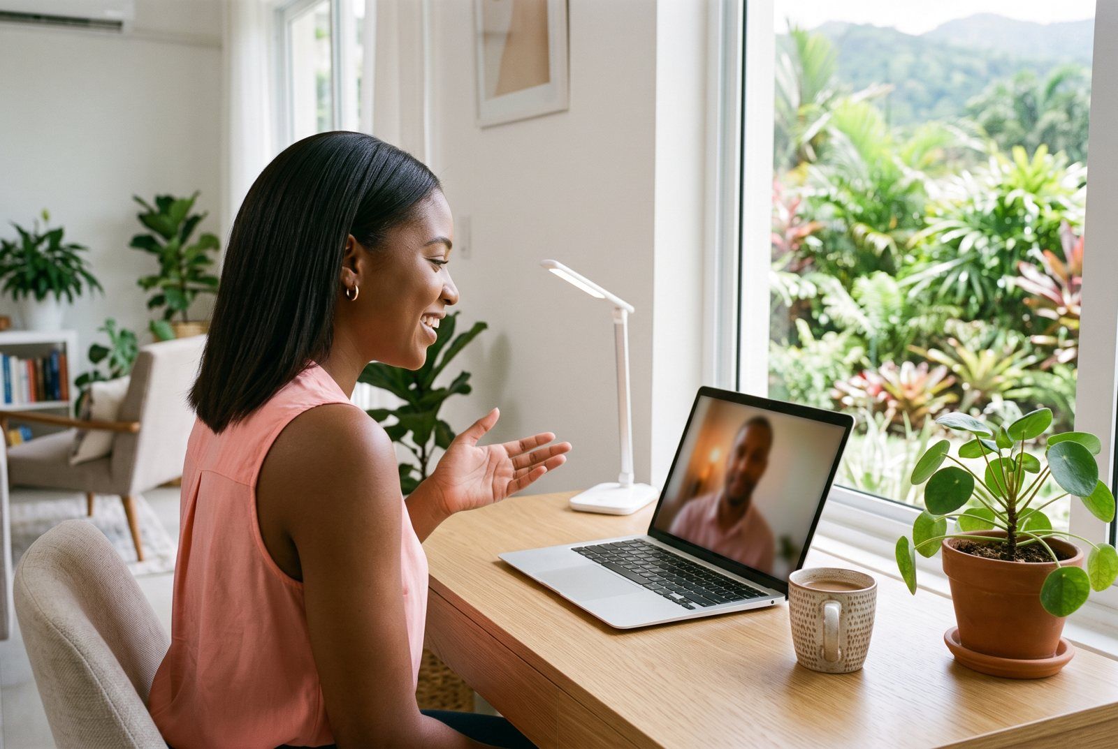 Young woman on a video call at a home desk beside a garden window in Trinidad