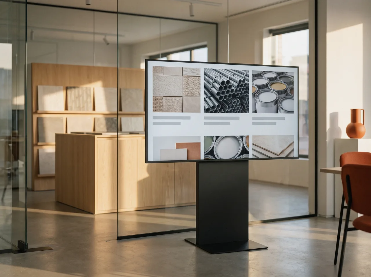 Product catalogue on a monitor in a building-materials showroom