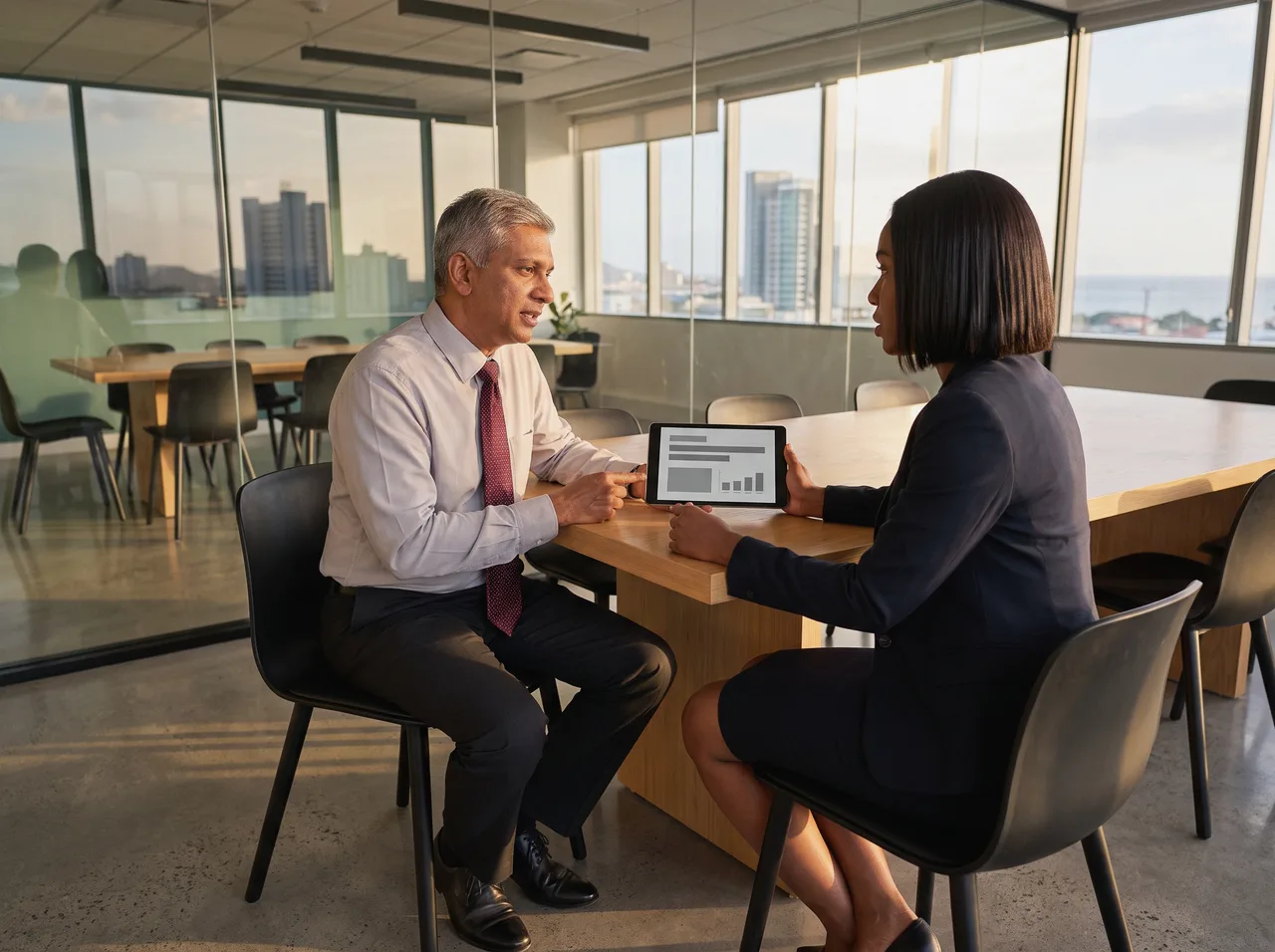 Managing partner and strategist reviewing a plan, Gulf view