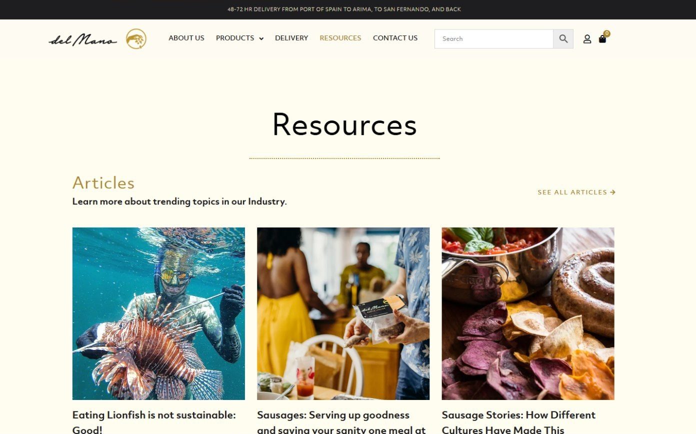 Resources page with articles on lionfish, sausages and food culture