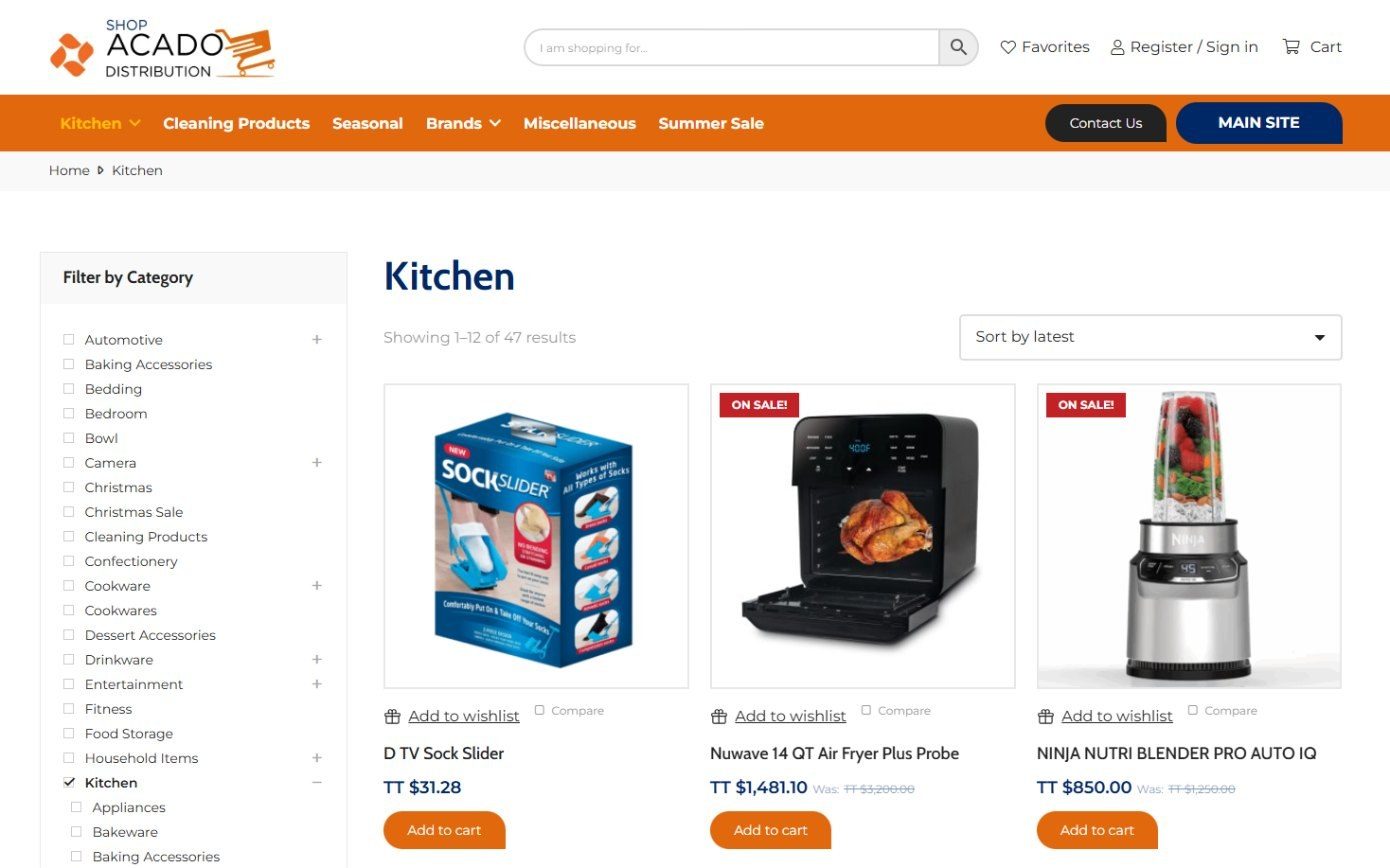 Kitchen category page showing 47 products with a category filter