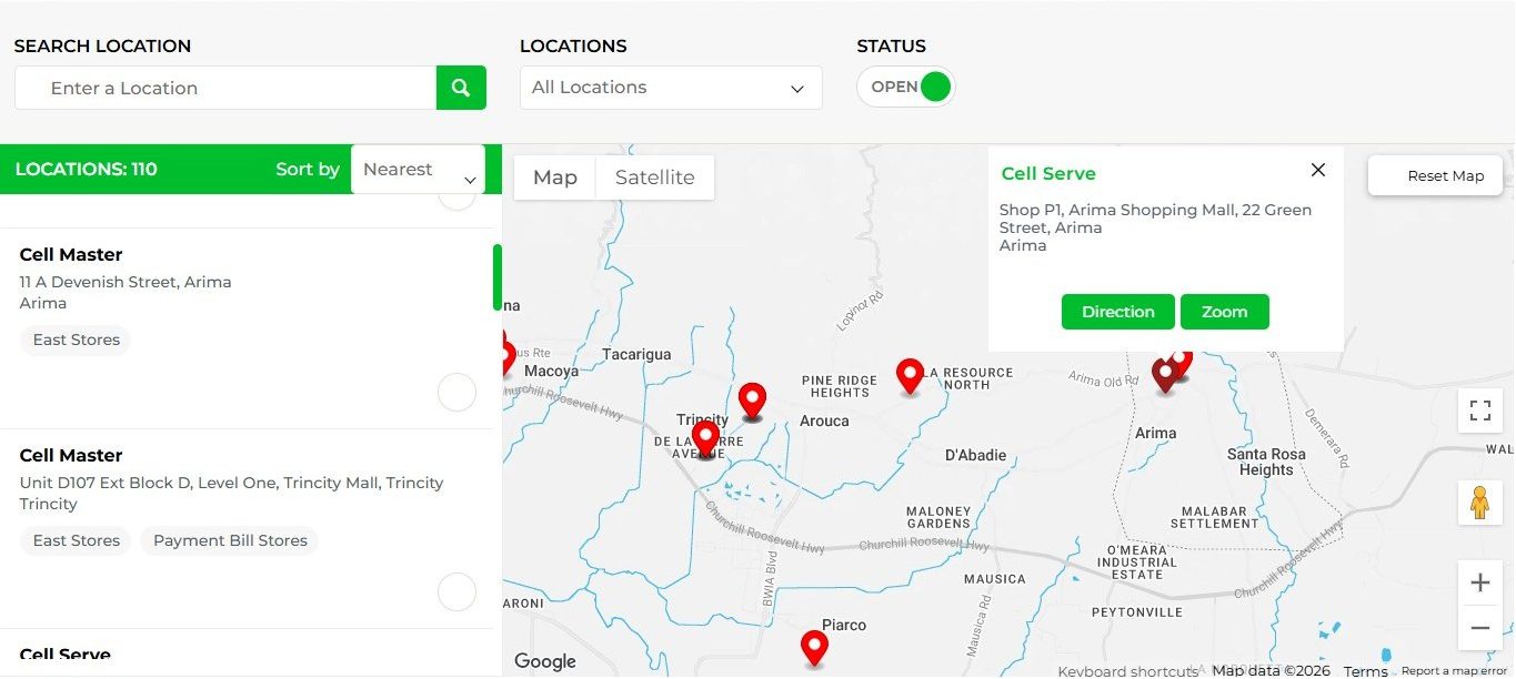 Store locator listing 110 locations sorted by nearest, with an open now toggle and a Direction button