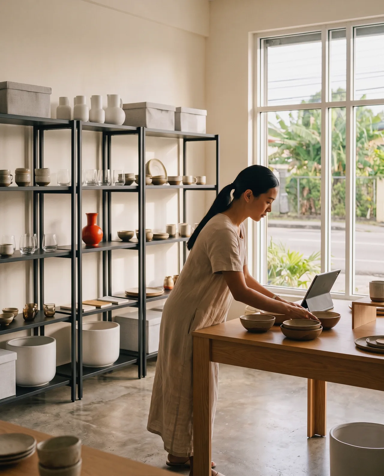 Shop owner arranging stoneware next to a tablet in a homeware store