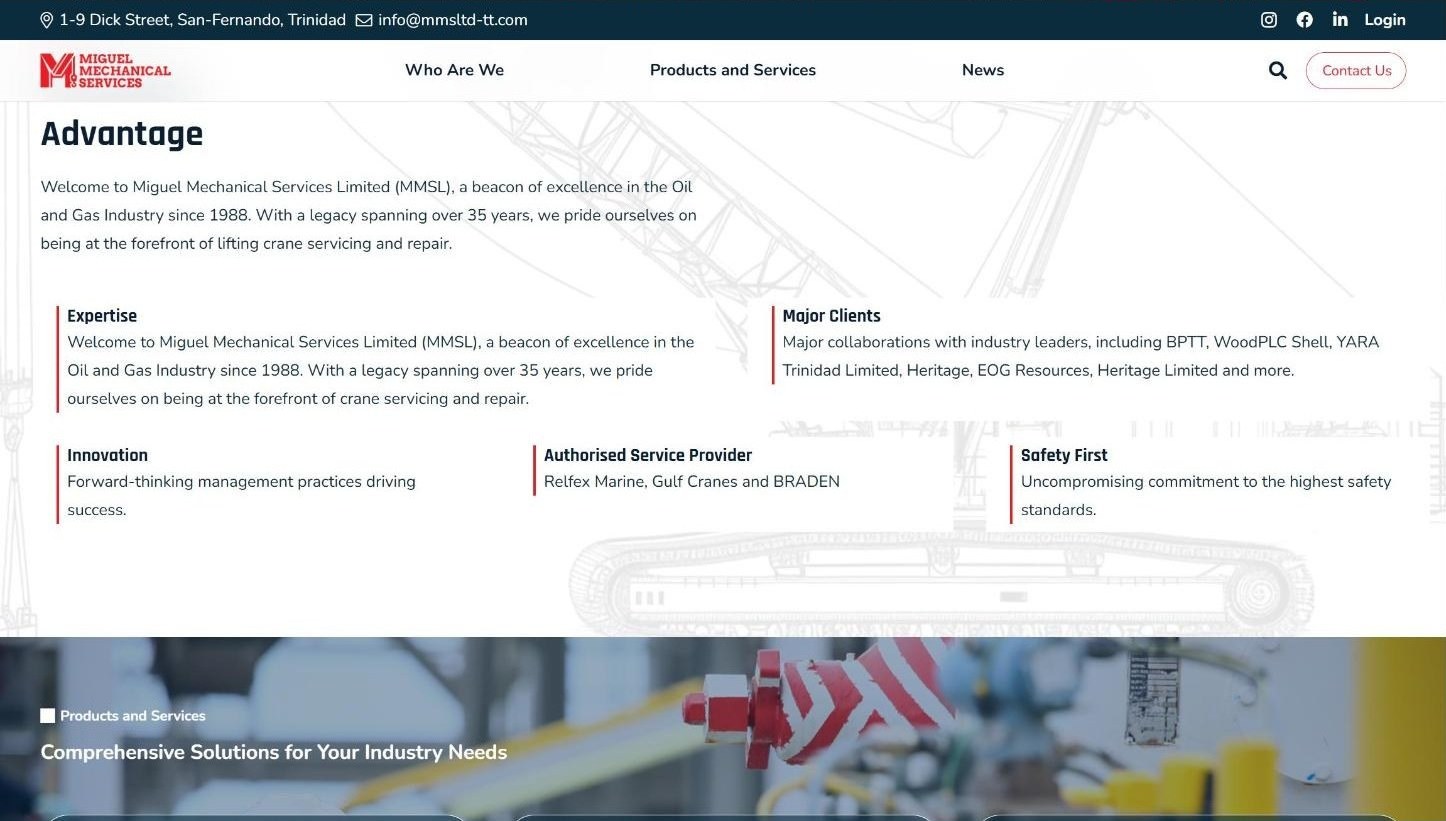 The MMSL Advantage section with major clients and safety first