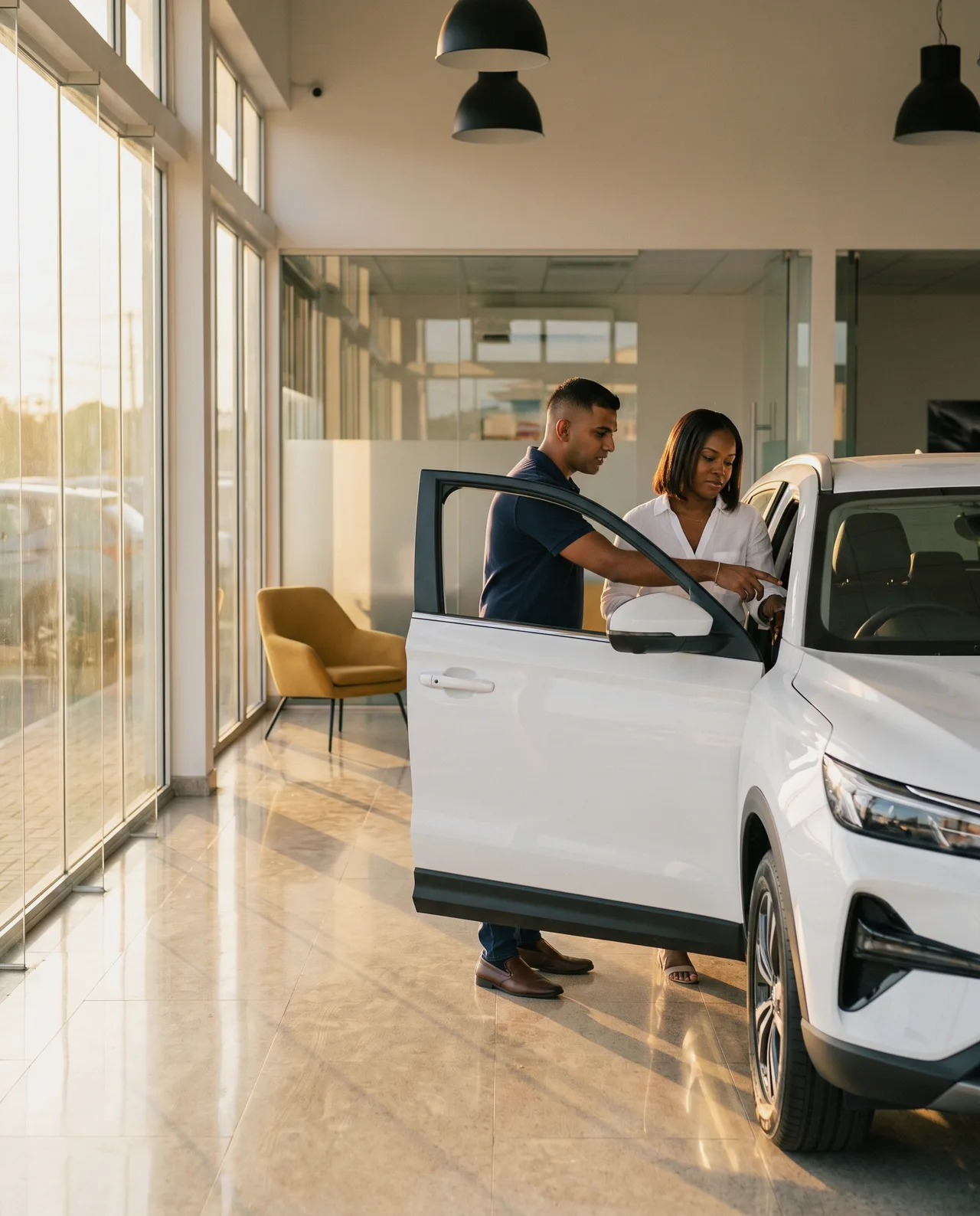 Salesman showing a customer the interior of a new SUV in a showroom