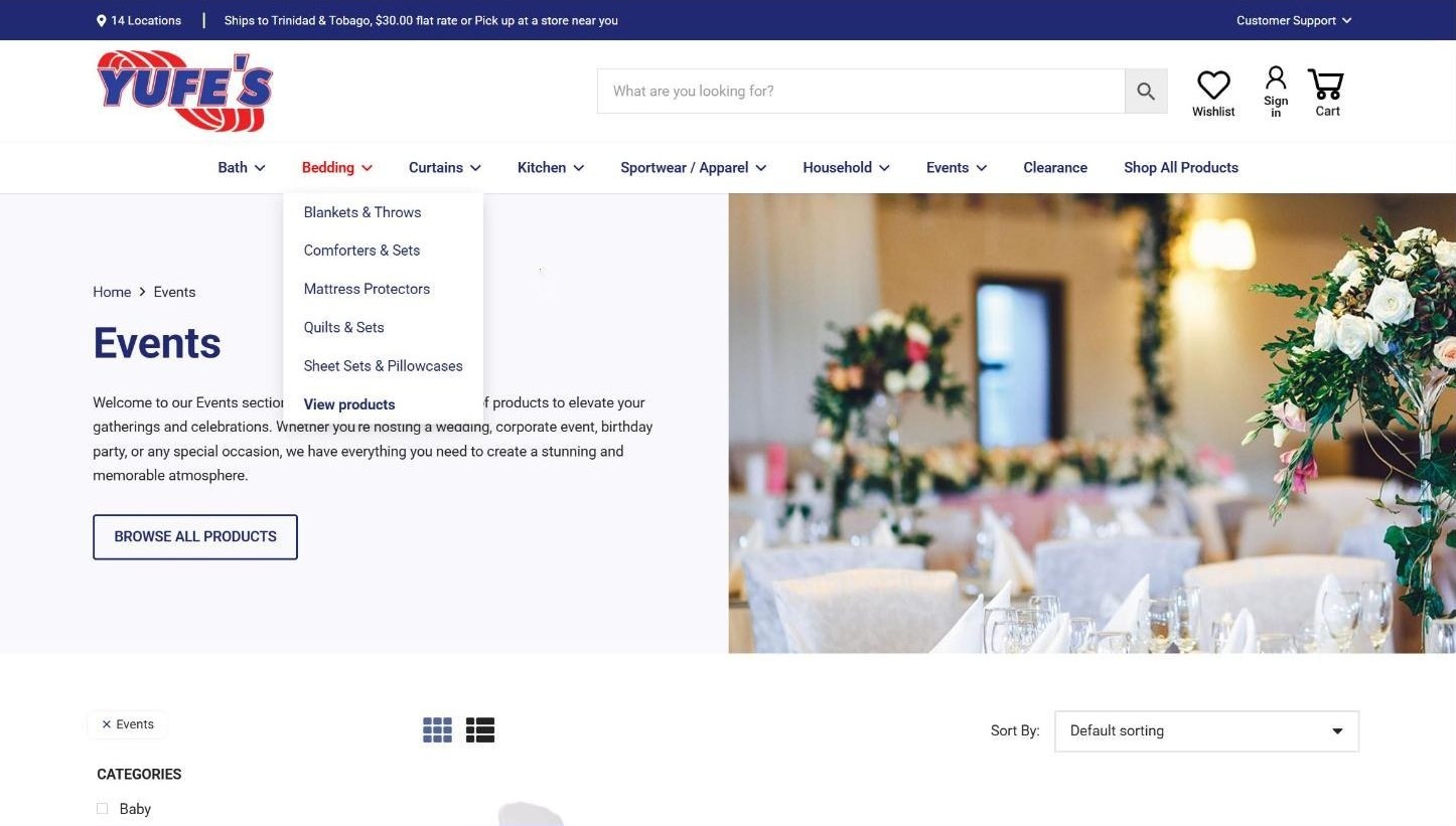 Bedding menu open on the Events page
