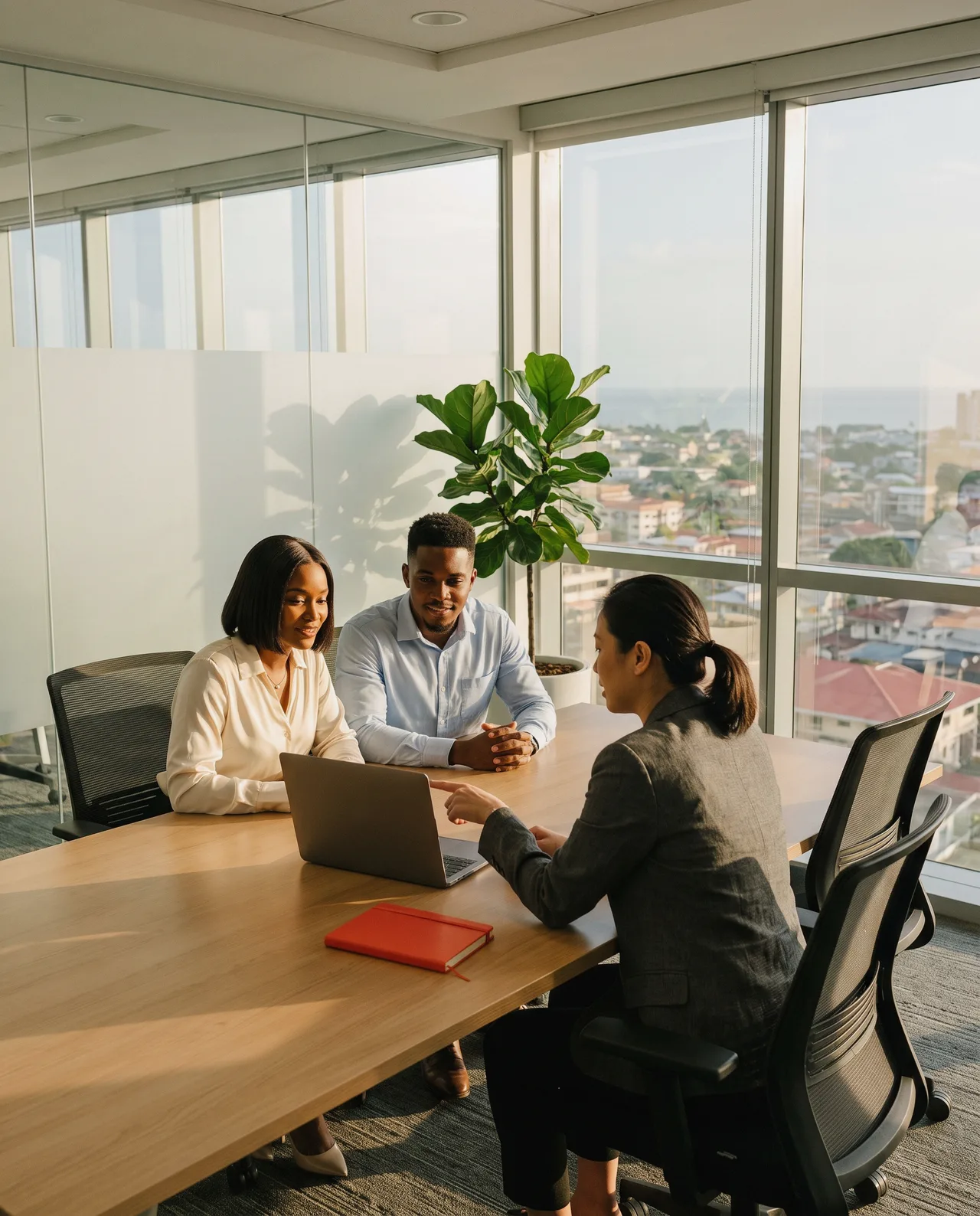 Couple talking through a first home loan with a loan officer