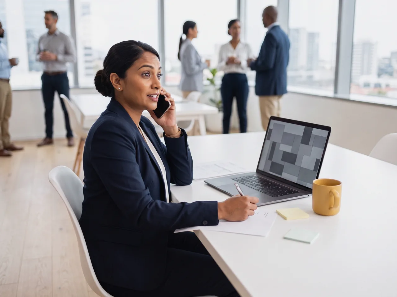 Marketing manager on a call at her desk with her laptop open