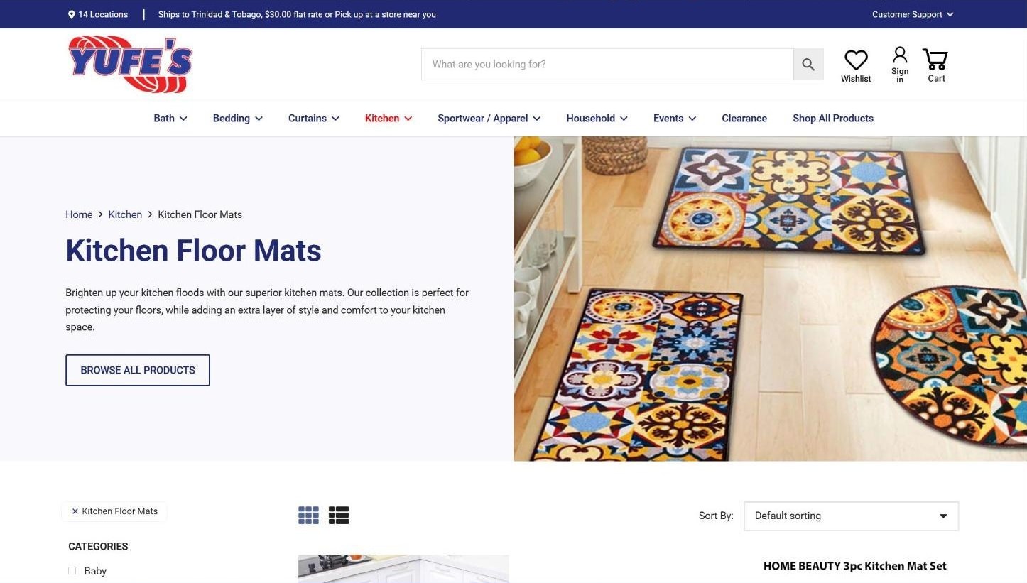 Kitchen Floor Mats page with the delivery and pickup bar across the top