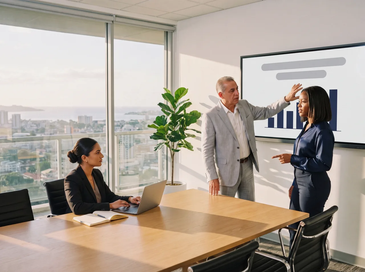 Partner presenting a chart to colleagues in a boardroom overlooking the Gulf of Paria