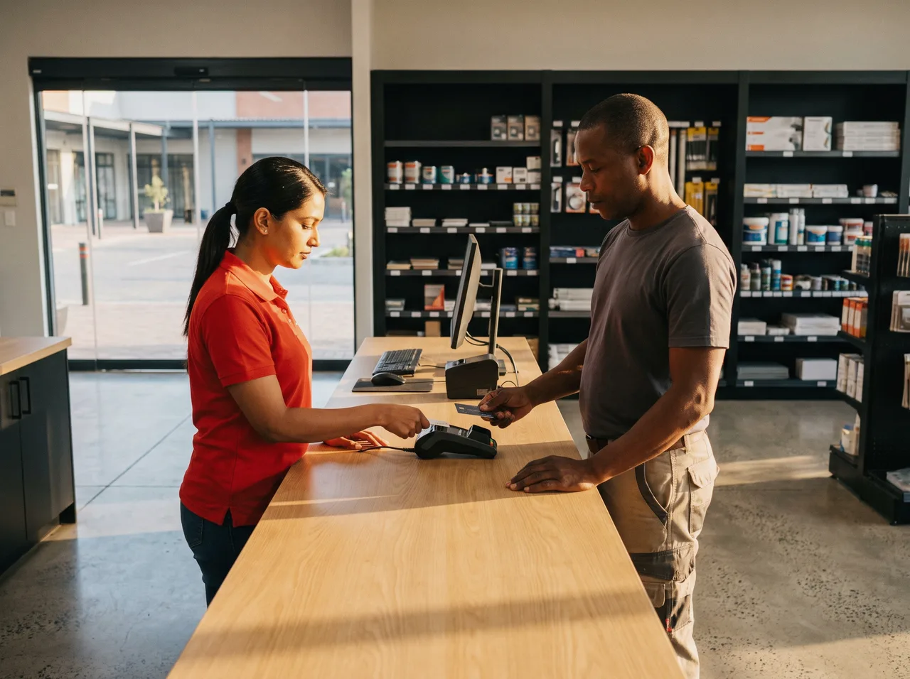 Card payment at a building-supply trade counter