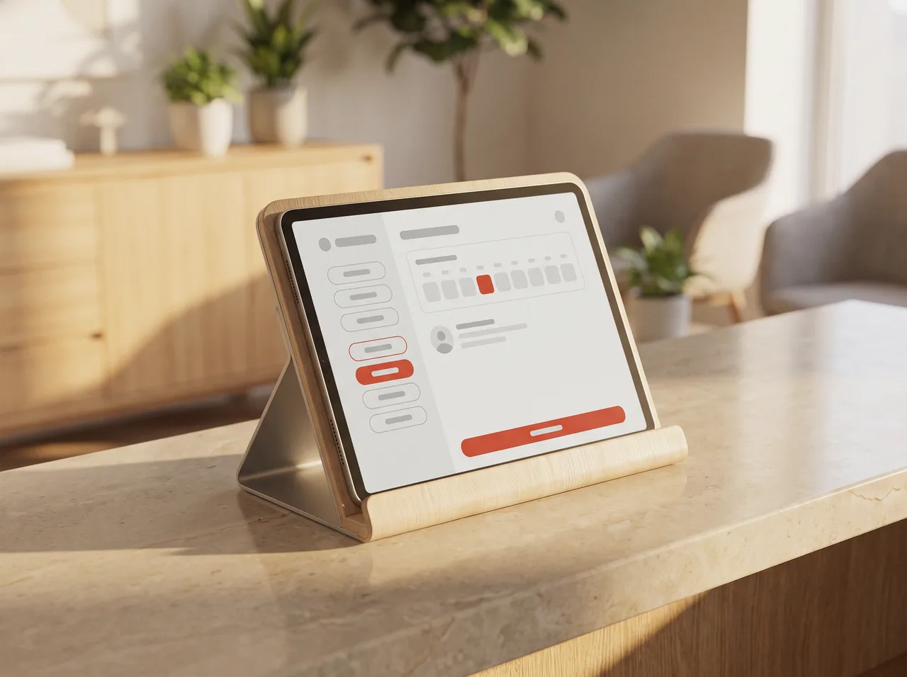 Booking calendar on a tablet at a clinic reception desk