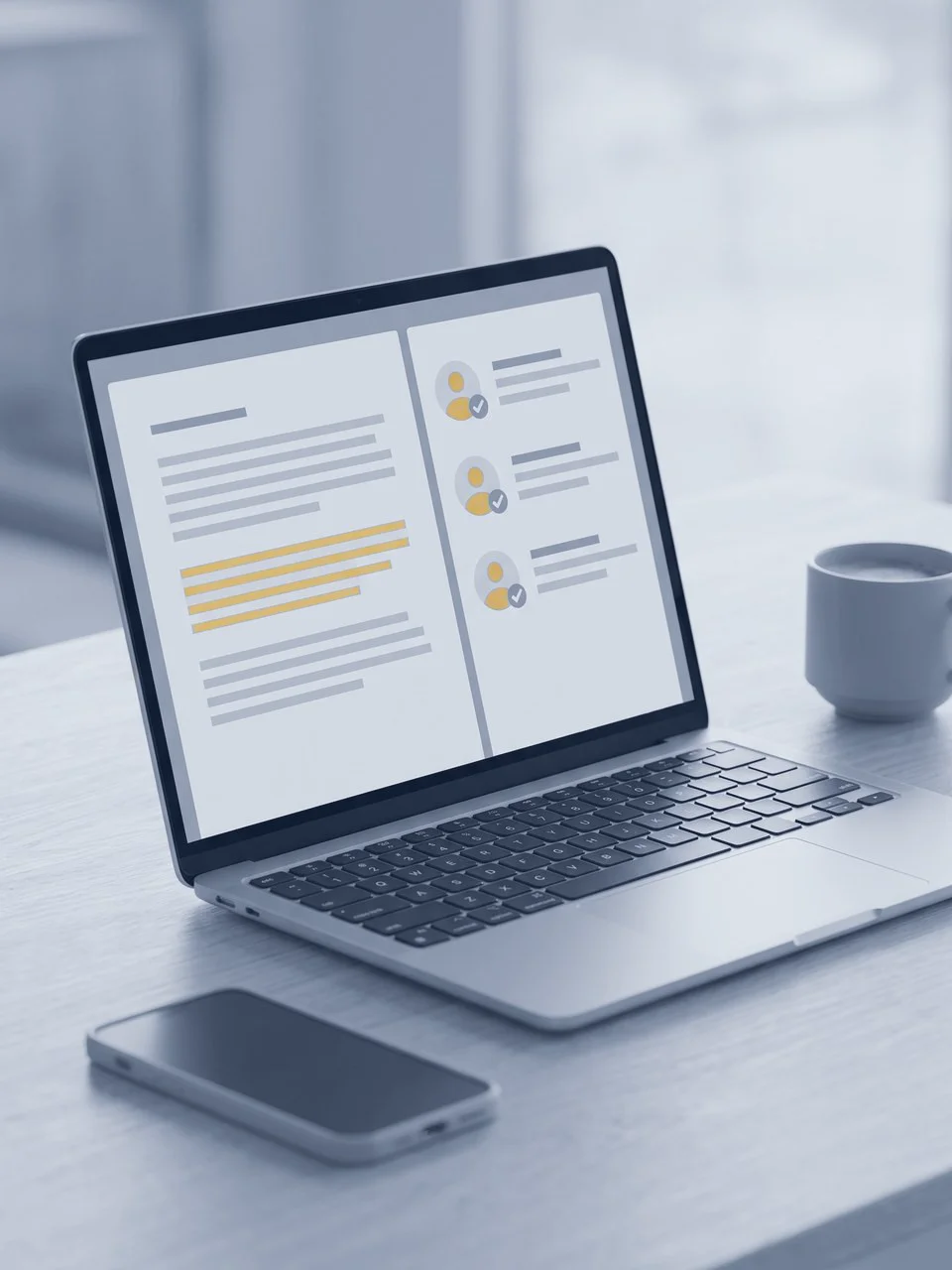 Laptop showing a draft with AI suggestions highlighted and a panel of approved items