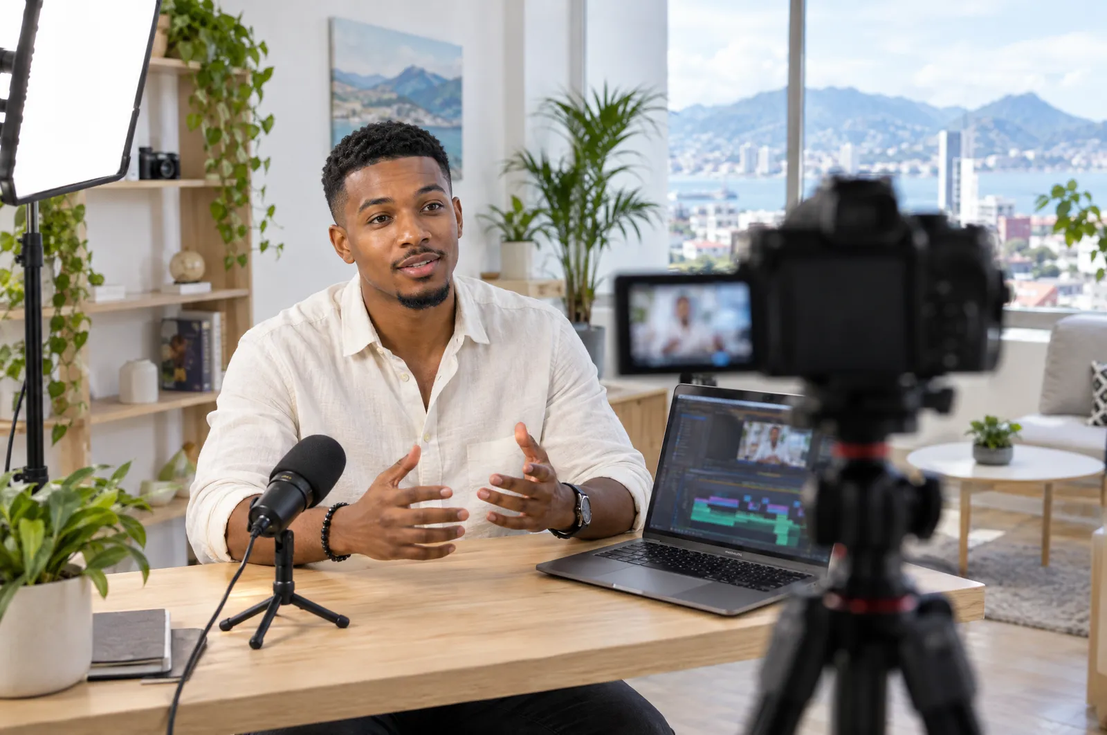 Presenter recording a video in a bright studio office
