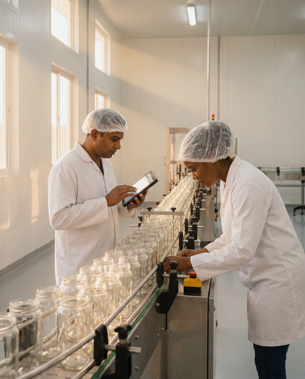 Staff checking jars on a food production line