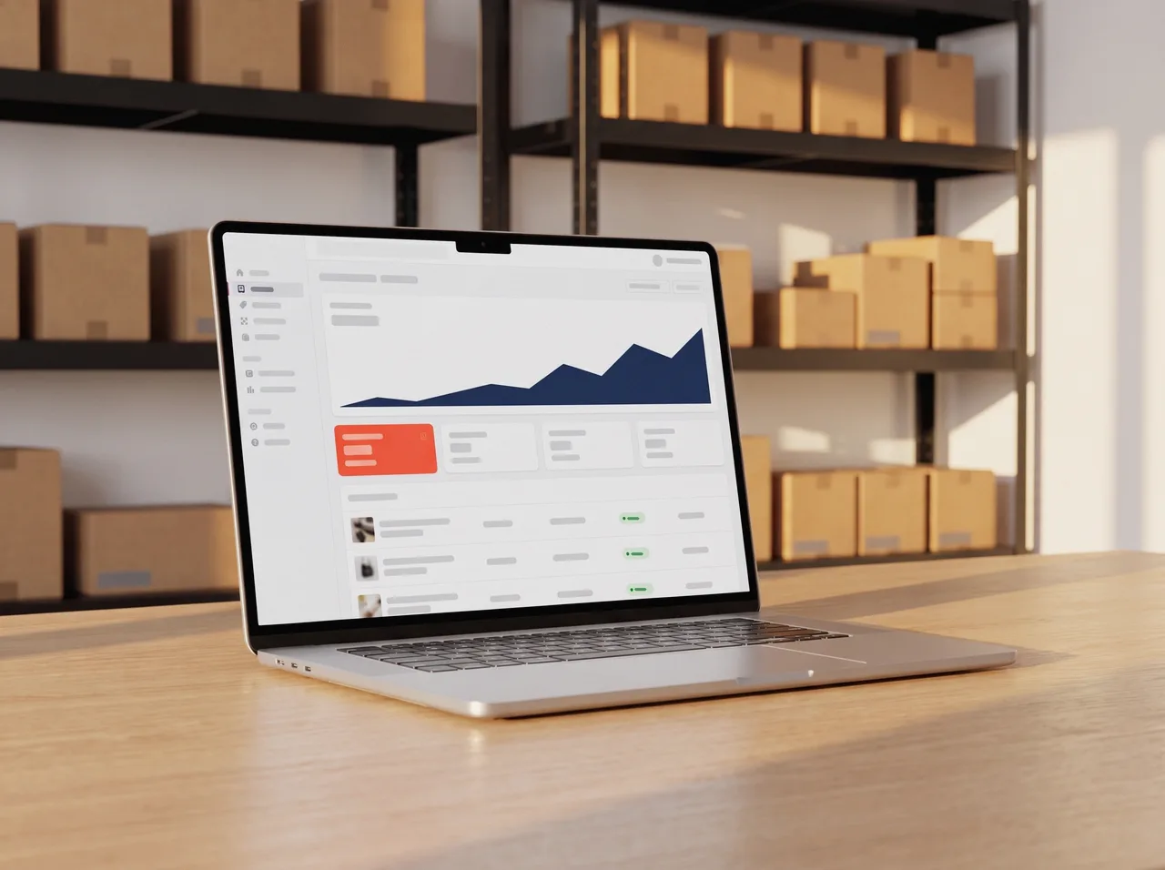 Store dashboard with sales and recent orders on a laptop in a stockroom