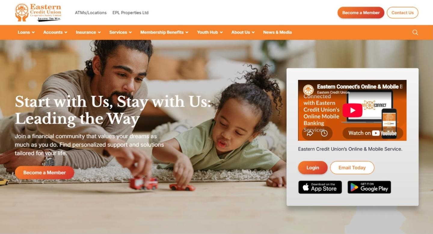 Eastern Credit Union homepage with member photographs and loan and account links