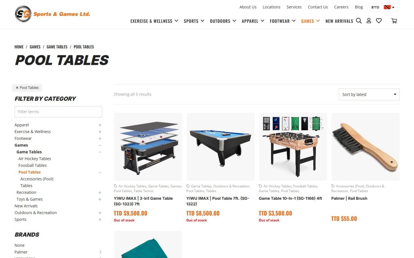 Pool Tables category showing which tables are out of stock