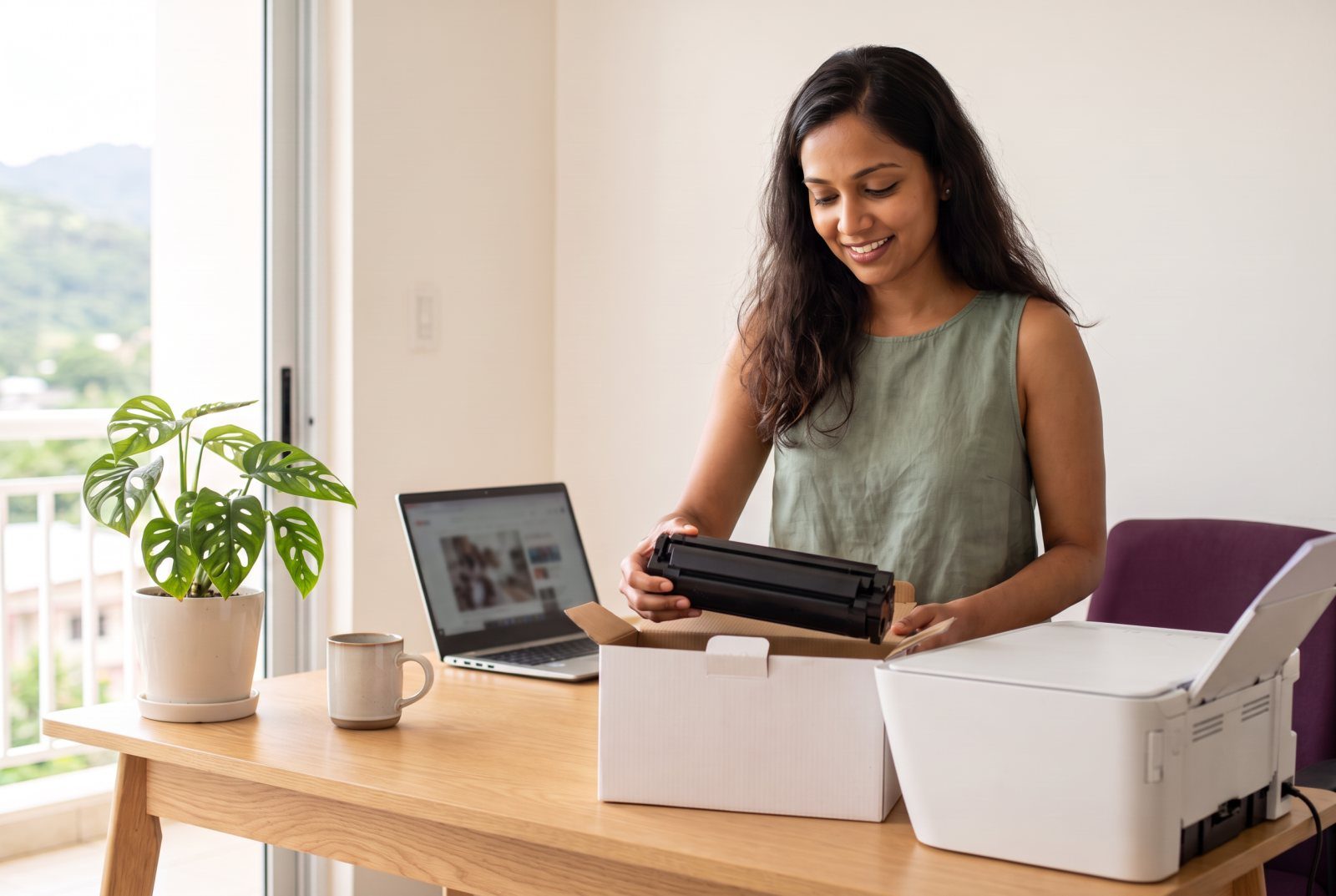 Woman lifting a new toner cartridge out of its box beside her printer at a home desk