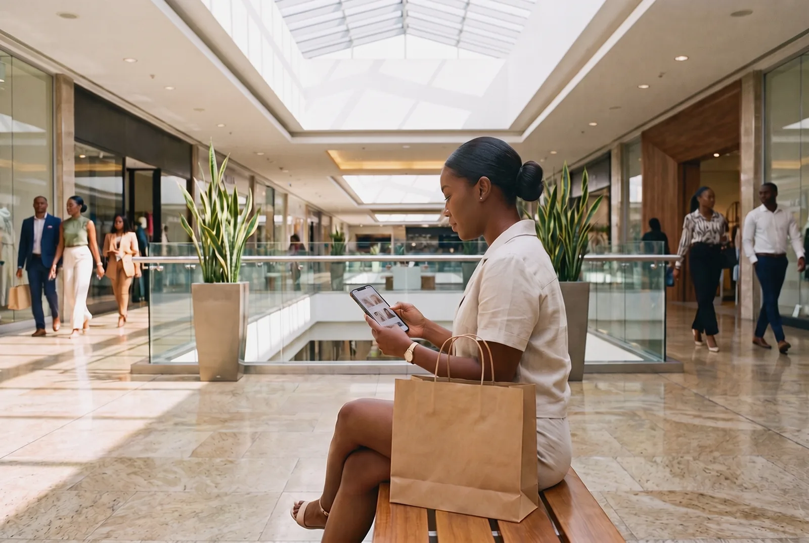 Shopper browsing an online store on her phone in a Port of Spain mall