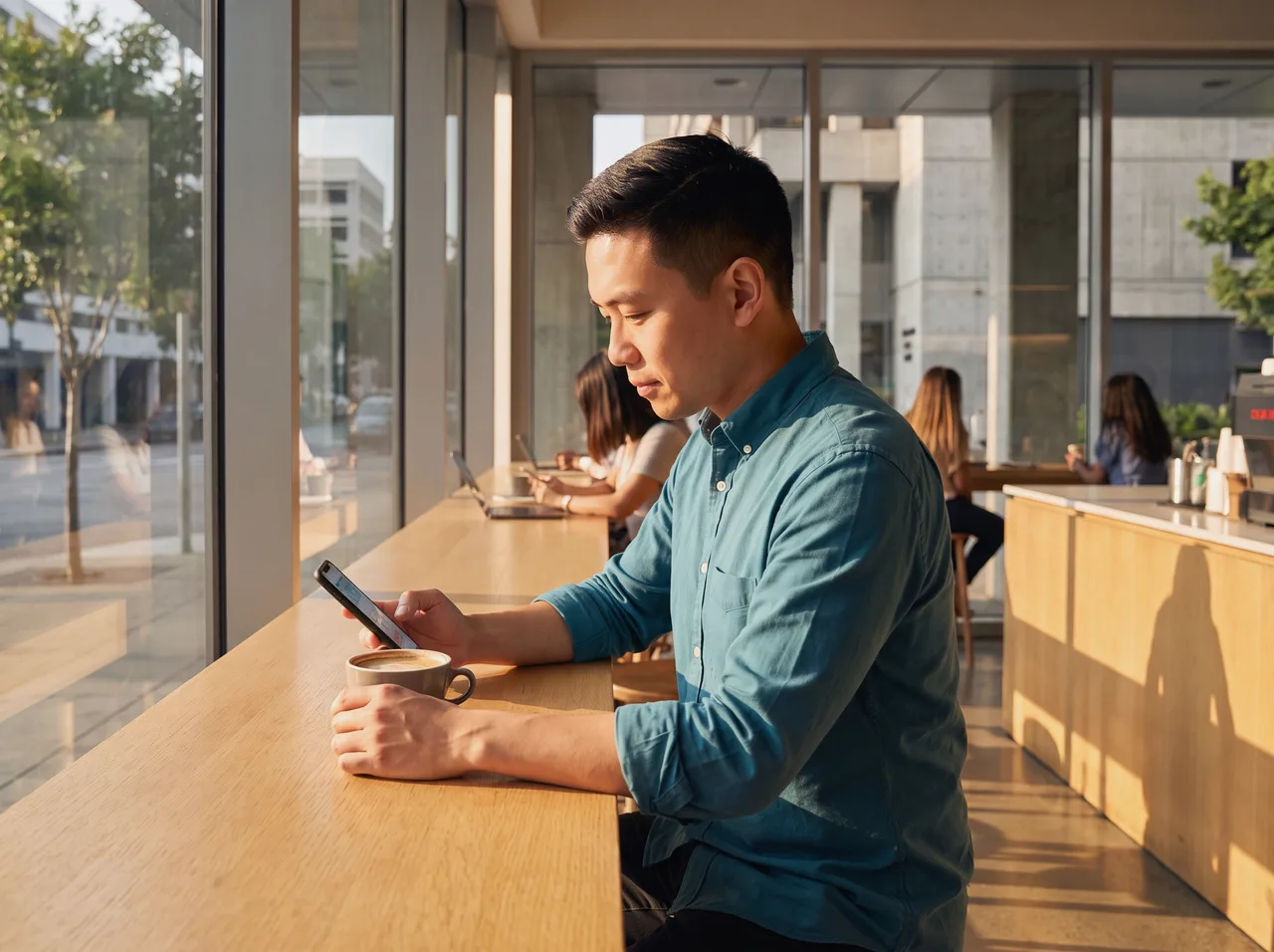 Member checking a banking app on his phone in a cafe