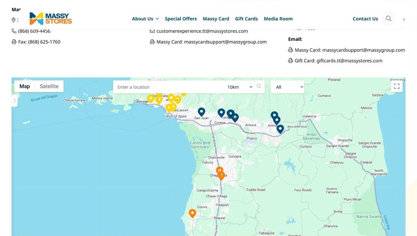 Store locator map with a location search, a distance setting and a region filter