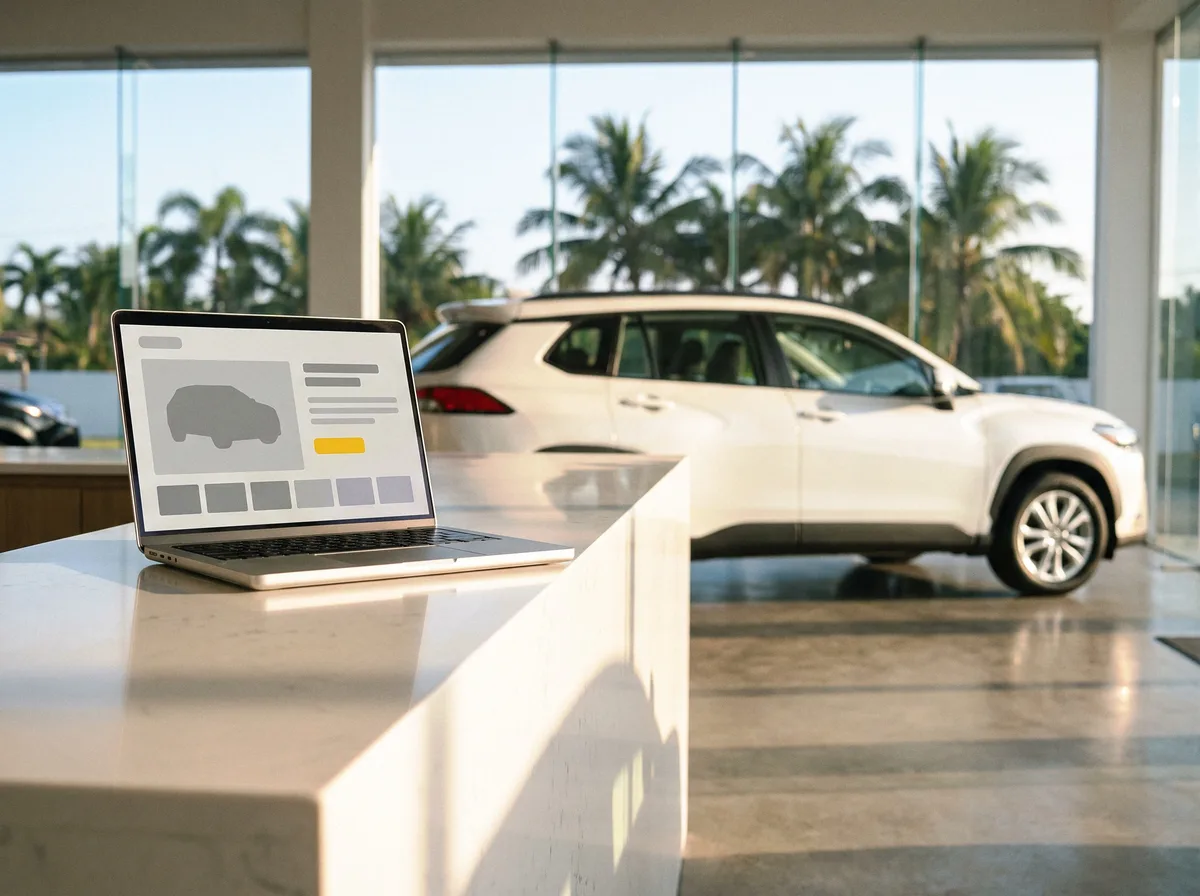 Laptop on a showroom counter showing an online car listing, with a new white SUV behind