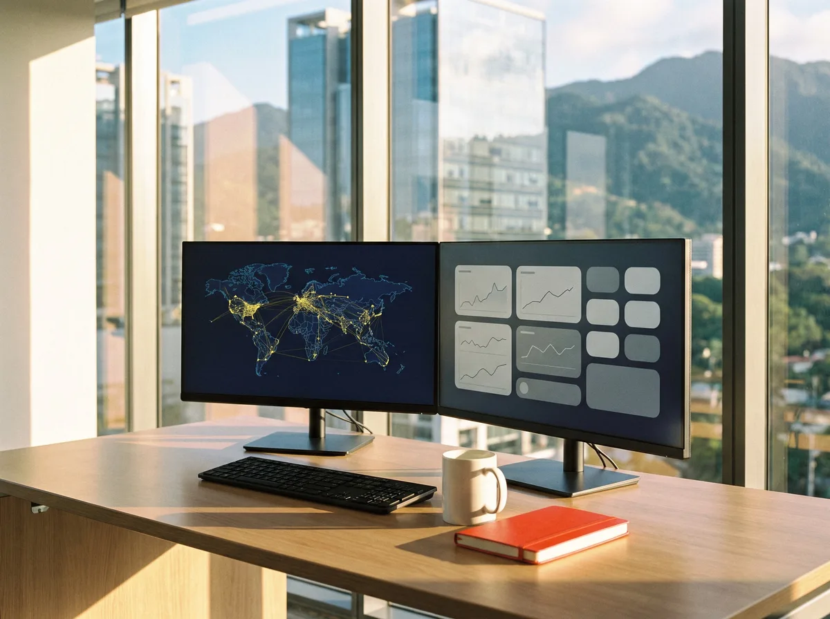 Two monitors showing a network map and charts in a high-floor office overlooking the Northern Range