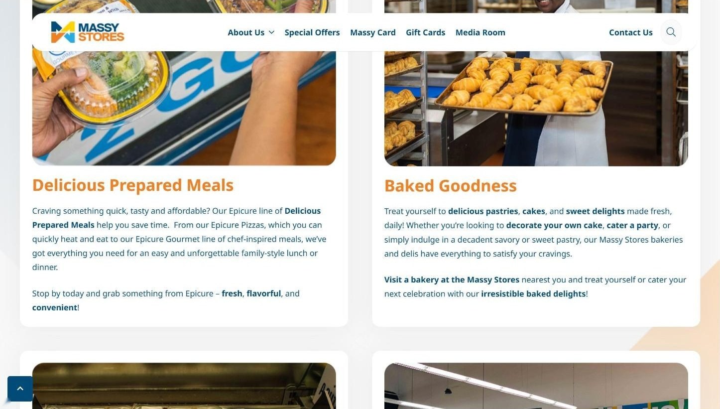 Homepage offer blocks for Delicious Prepared Meals and Baked Goodness