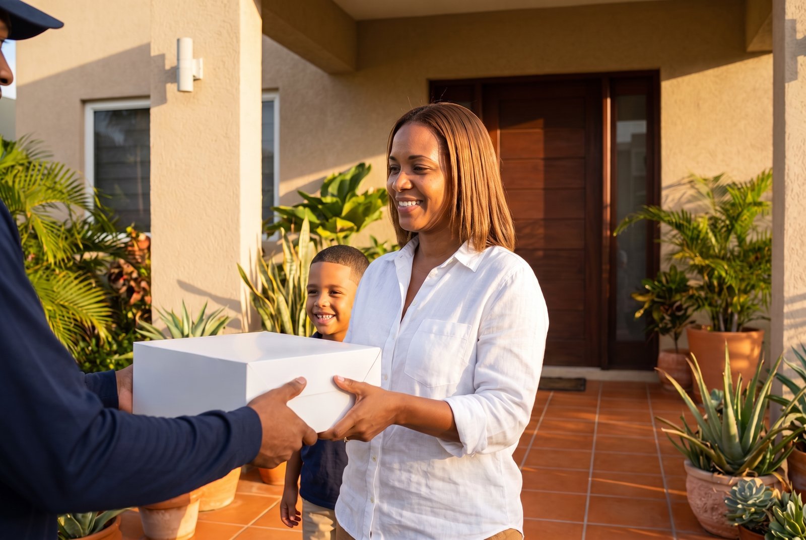 Mother receiving a cake box at her front door with her son
