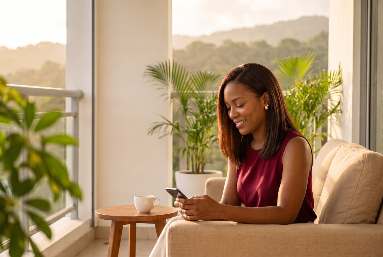 Investor checking her statement on her phone on an apartment balcony with green hills behind