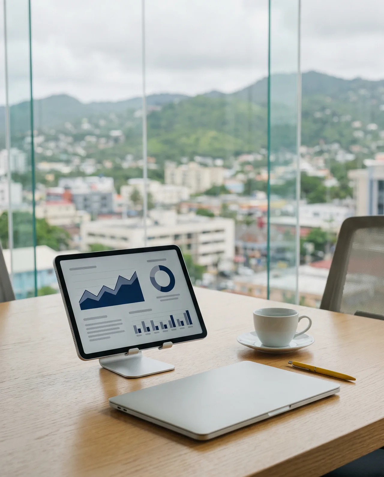 Tablet showing a monthly website traffic report on a meeting table