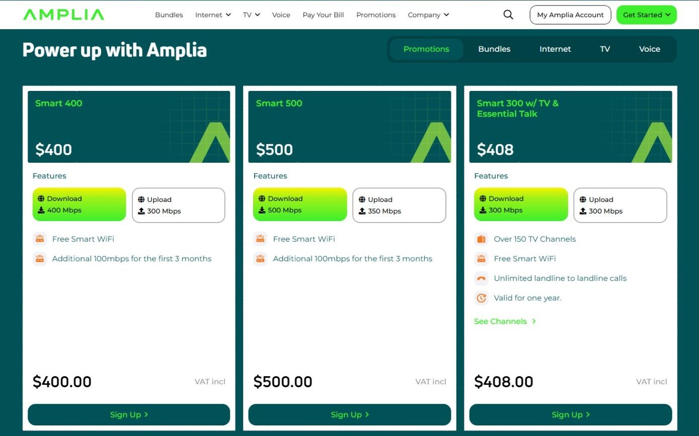 Power up with Amplia panel with tabs for promotions, bundles, internet, TV and voice, each plan card showing download and upload speeds and a Sign Up button