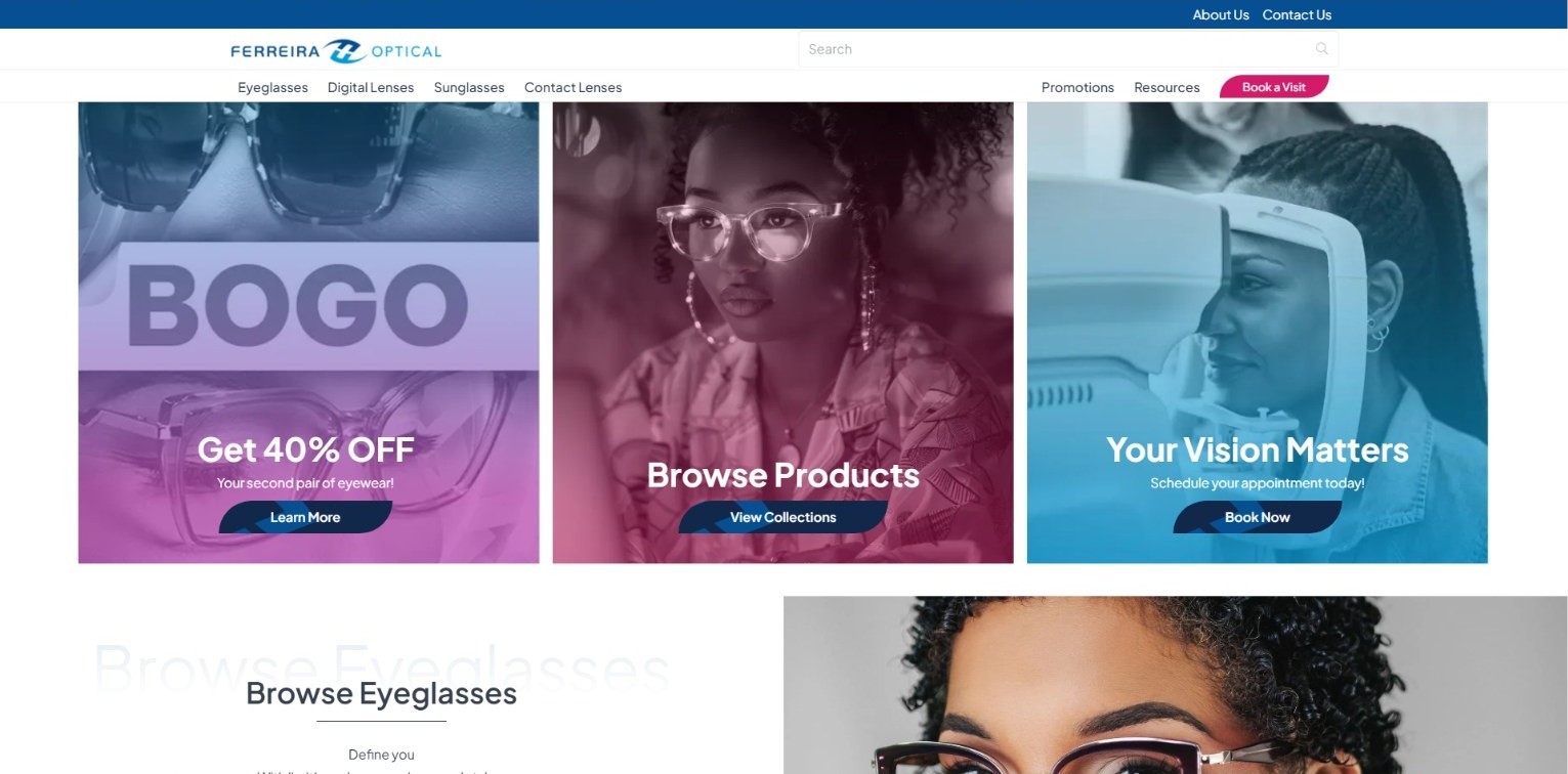 Ferreira Optical homepage tiles for eyeglasses, sunglasses and eye exams