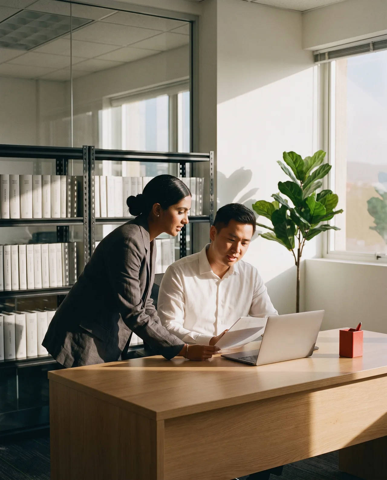 Two associates reviewing a document at a desk
