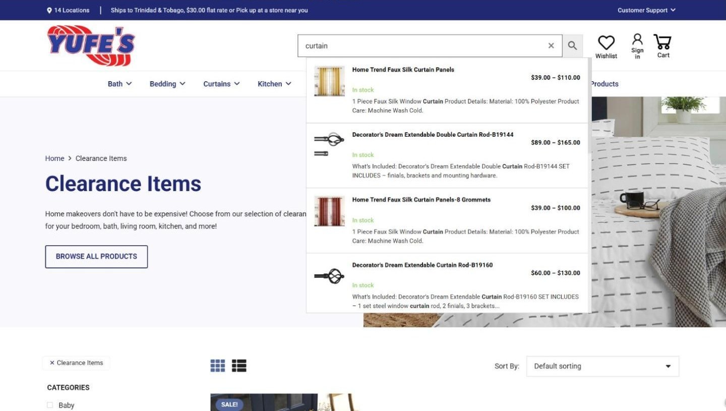 Search box with curtain typed in and four matching products suggested with prices and stock