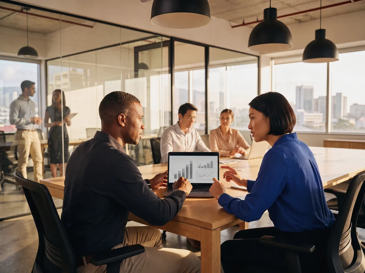 Marketing team reviewing ad results on a laptop