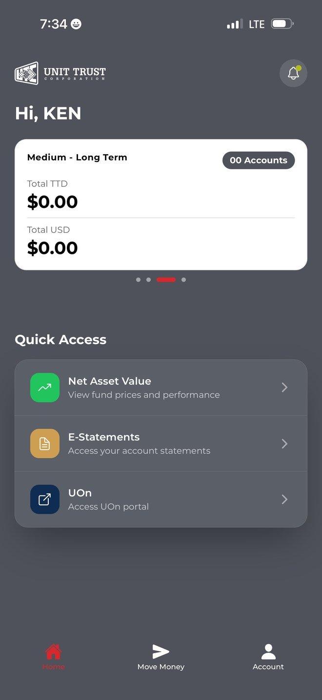 Home screen with total balances in TTD and USD and quick access to fund prices, eStatements and UOn